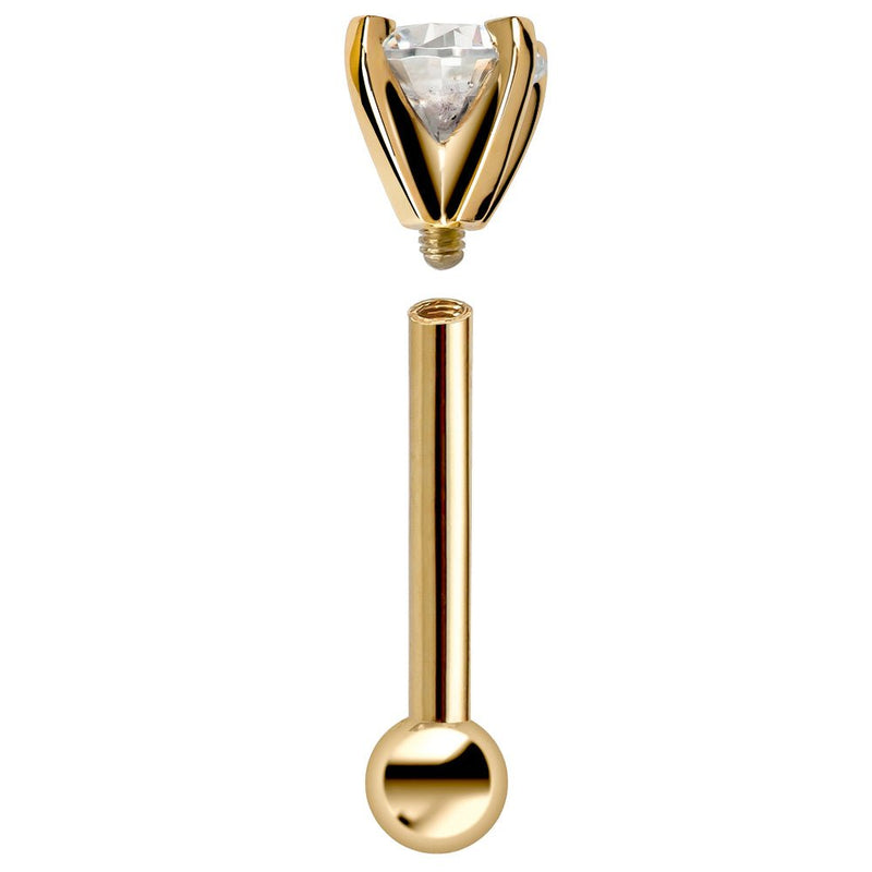 14k yellow gold cartilage barbell disassembled showing internally threaded post and diamond top