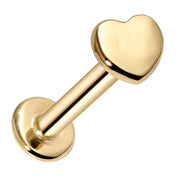 14K yellow gold heart labret flat back earring, front view on white background