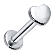 14K white gold polished heart flat back labret, front view on white background