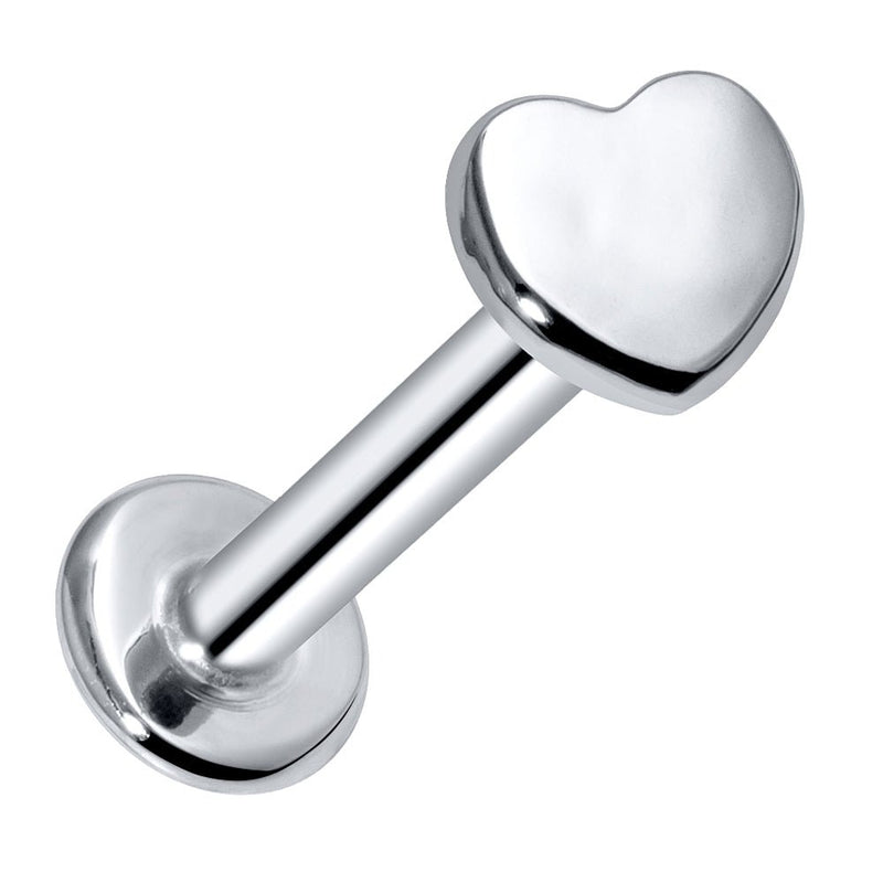 14K white gold polished heart flat back labret, front view on white background