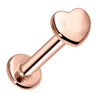 14K rose gold polished heart flat back labret, front view showing warm pink-gold finish