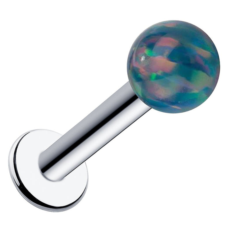 14k white gold flat back labret with 5mm teal synthetic opal ball showing cool-toned metal finish