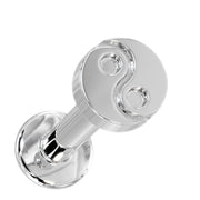 14k white gold yin yang flat back stud, overhead angle highlighting engraved yin yang symbol on disc top