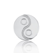 Close-up of 5mm yin yang symbol detail on 14k white gold stud earring, front view