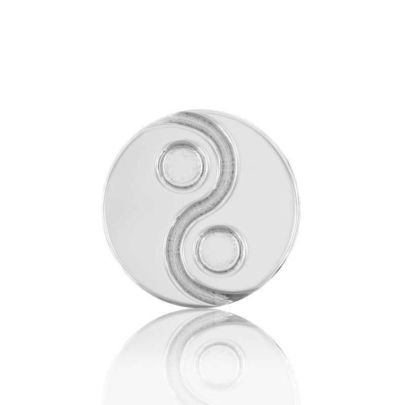Close-up of 5mm yin yang symbol detail on 14k white gold stud earring, front view