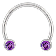 14k white gold circular barbell with purple CZ bezels, wider open-end view showing bezel detail