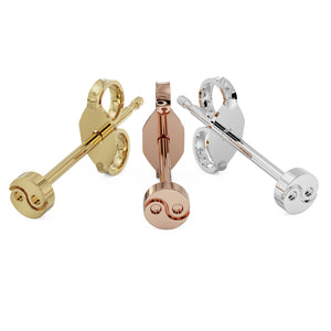 5mm yin yang stud earring in 14k yellow, rose, and white gold shown from back with butterfly clasps