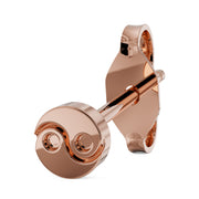 Angled side view of 5mm yin yang 14k rose gold stud earring showing post and butterfly backing