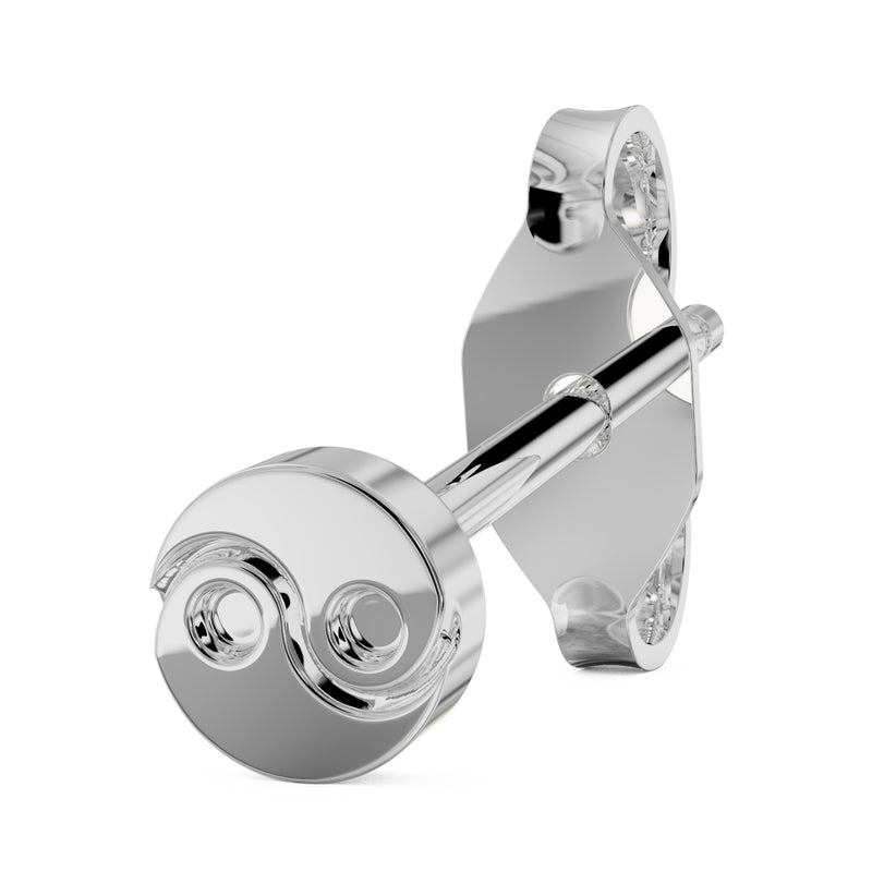 Angled side view of 5mm yin yang 14k white gold stud earring showing post and butterfly backing