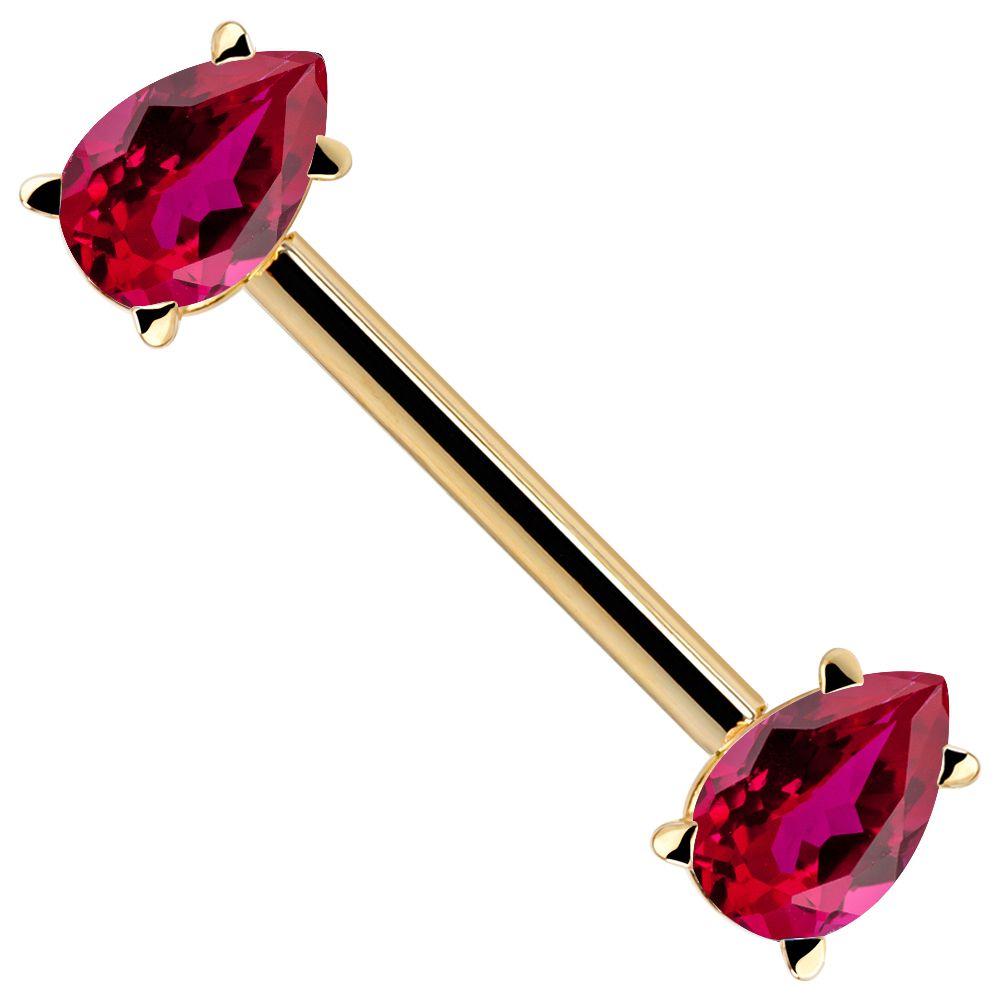 Red CZ Yellow Gold Teardrop 14k Gold Straight Barbell