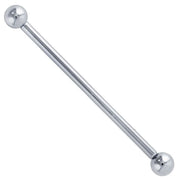 14k white gold classic industrial barbell with mirror-polished ball ends, front view on white background