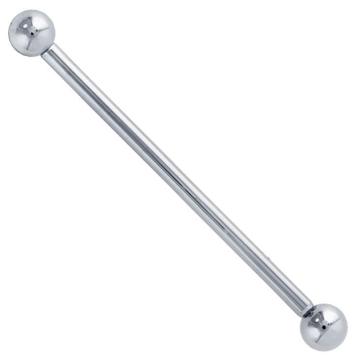 14k white gold classic industrial barbell with mirror-polished ball ends, front view on white background