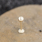 Close-up of 14K gold 5mm ball flat back labret stud showing polished ball and flat disc backing