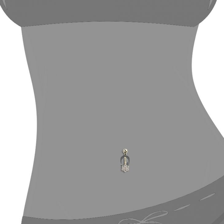 14k yellow gold diamond flower belly ring shown in navel piercing on body form for fit reference