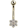 14k yellow gold CZ flower belly ring with 7 round cubic zirconia gems, front view on white background