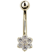 14k yellow gold CZ flower belly ring with 7 round cubic zirconia gems, front view on white background