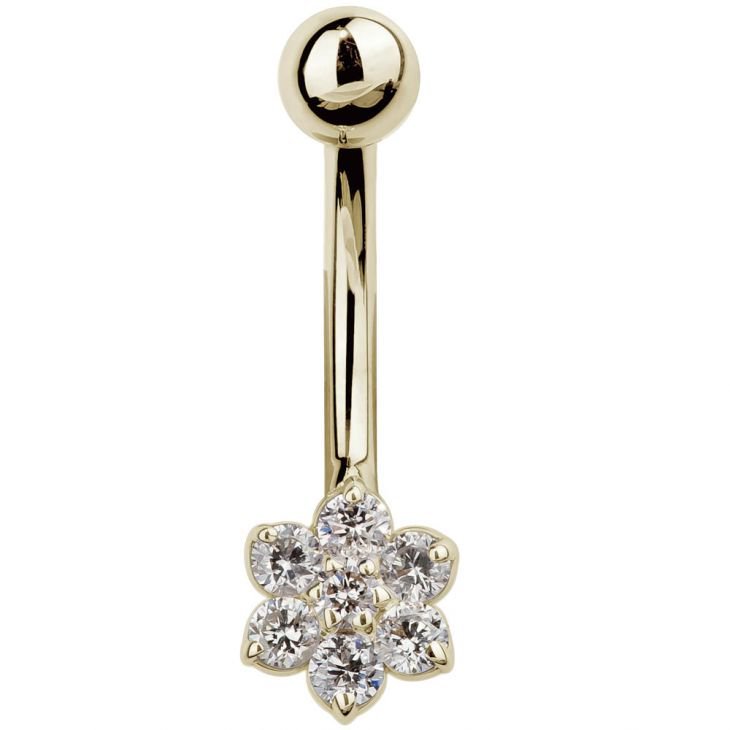 14k yellow gold CZ flower belly ring with 7 round cubic zirconia gems, front view on white background