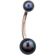 14k rose gold navel ring with dual Japanese cultured peacock pearls, side profile view