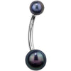 14k white gold belly ring with iridescent peacock pearls in blue, green and purple, front view