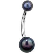 14k white gold belly ring with iridescent peacock pearls in blue, green and purple, front view