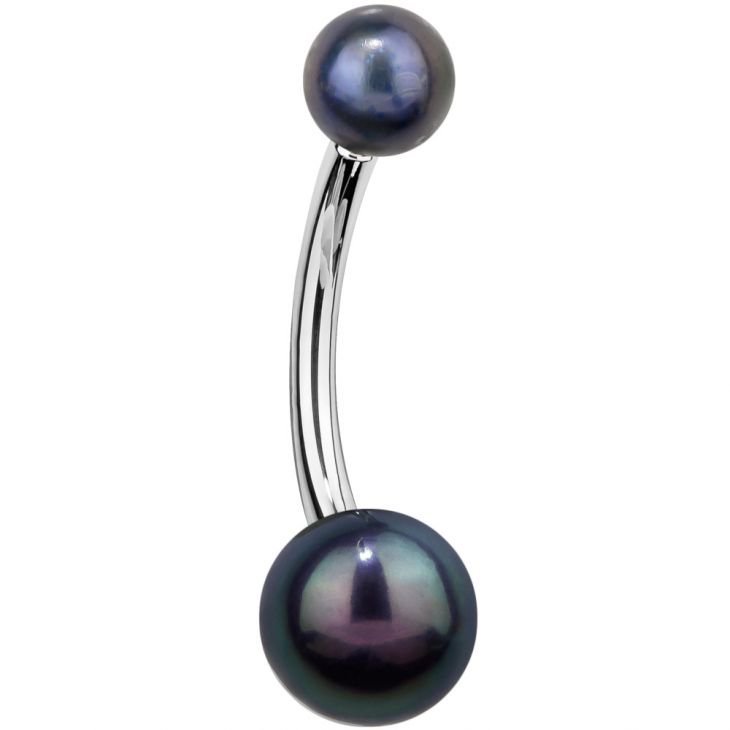 14k white gold belly ring with iridescent peacock pearls in blue, green and purple, front view