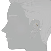 14K gold pearl industrial barbell shown in ear piercing on illustrated model for fit reference