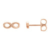 14K rose gold infinity symbol stud earrings showing front charm and side post with butterfly back