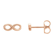 14K rose gold infinity symbol stud earrings showing front charm and side post with butterfly back
