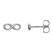 14K white gold infinity symbol stud earrings showing charm front and side post with butterfly back