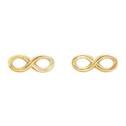 Pair of 14K yellow gold infinity symbol stud earrings, front-facing view of both charms