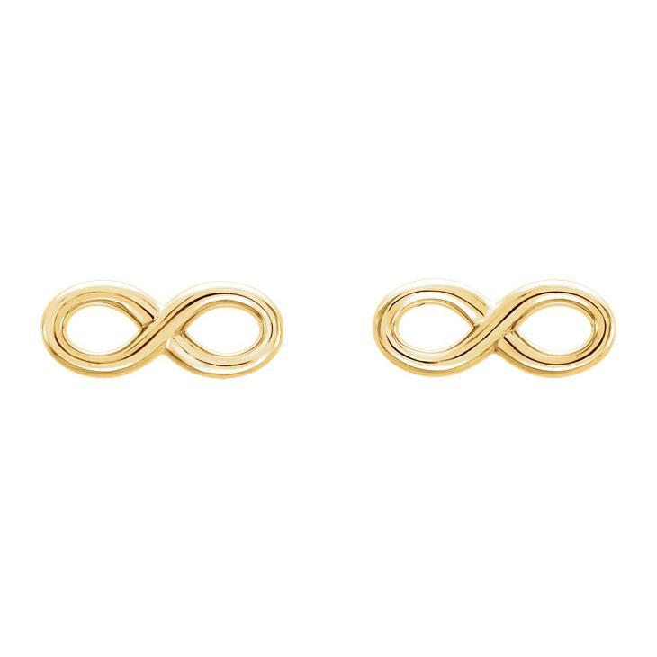 Pair of 14K yellow gold infinity symbol stud earrings, front-facing view of both charms