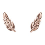 Pair of 14k rose gold feather earrings, front view showing detailed leaf vein texture on white background