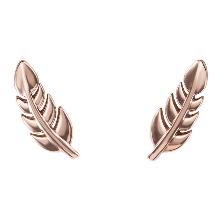 Pair of 14k rose gold feather earrings, front view showing detailed leaf vein texture on white background