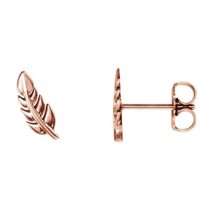 14k rose gold feather stud earring front and side view clearly showing post length and butterfly backing