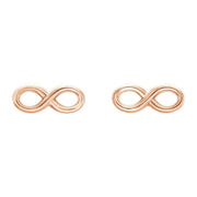 Pair of 14K rose gold infinity symbol stud earrings, front-facing view of both polished charms