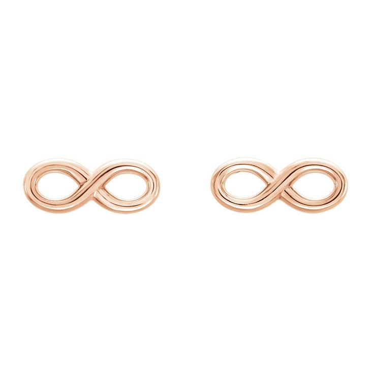 Pair of 14K rose gold infinity symbol stud earrings, front-facing view of both polished charms