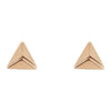 Pair of 14K rose gold pyramid stud earrings, polished geometric 5.5mm studs shown from the front