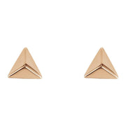 Pair of 14K rose gold pyramid stud earrings, polished geometric 5.5mm studs shown from the front