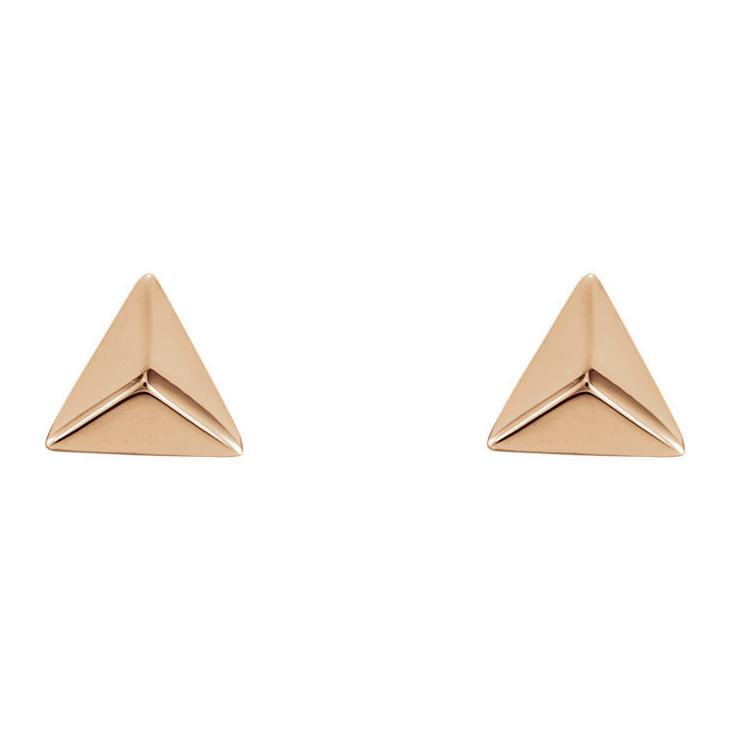 Pair of 14K rose gold pyramid stud earrings, polished geometric 5.5mm studs shown from the front