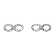 Pair of 14K white gold infinity symbol stud earrings, front-facing view of both charms