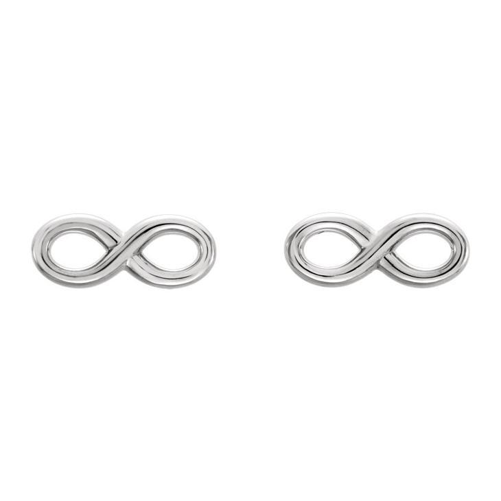 Pair of 14K white gold infinity symbol stud earrings, front-facing view of both charms
