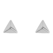 Pair of 14K white gold pyramid stud earrings, polished geometric 5.5mm studs shown from the front