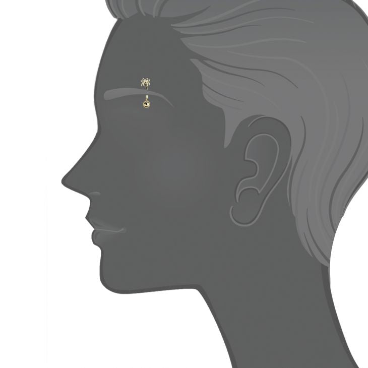 Spider 14K gold curved barbell shown in eyebrow piercing placement on illustrated face silhouette