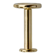 Reverse view of 14K yellow gold peace sign labret showing post length and flat disc backing