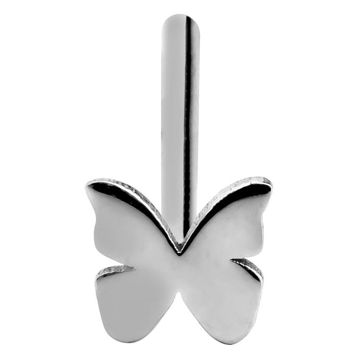 Front view of 14K white gold butterfly nose ring straight post, charm facing forward with post above