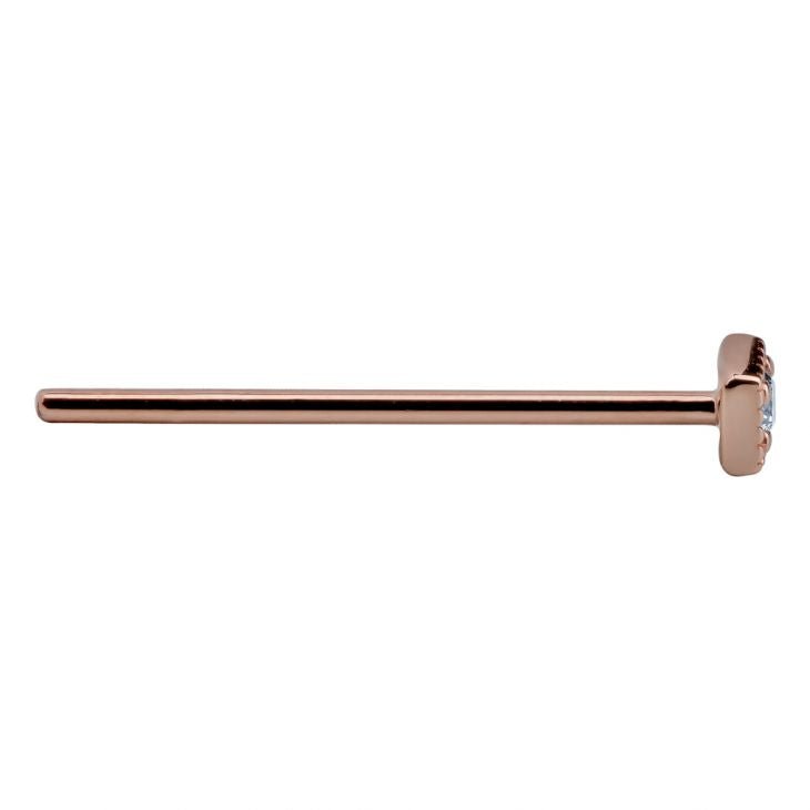 14K rose gold square CZ nose ring, straight pin post shown in full side profile for length reference