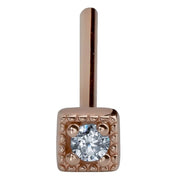 14K rose gold square CZ nose ring with straight pin post, front-facing angled view of bezel head