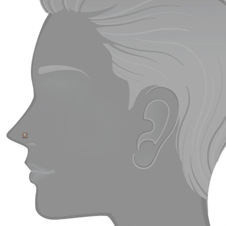 14K rose gold square CZ nose stud shown on face silhouette illustrating dainty fit on nose piercing