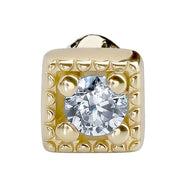 Close-up front view of 14K yellow gold square CZ nose ring highlighting beaded border and CZ sparkle