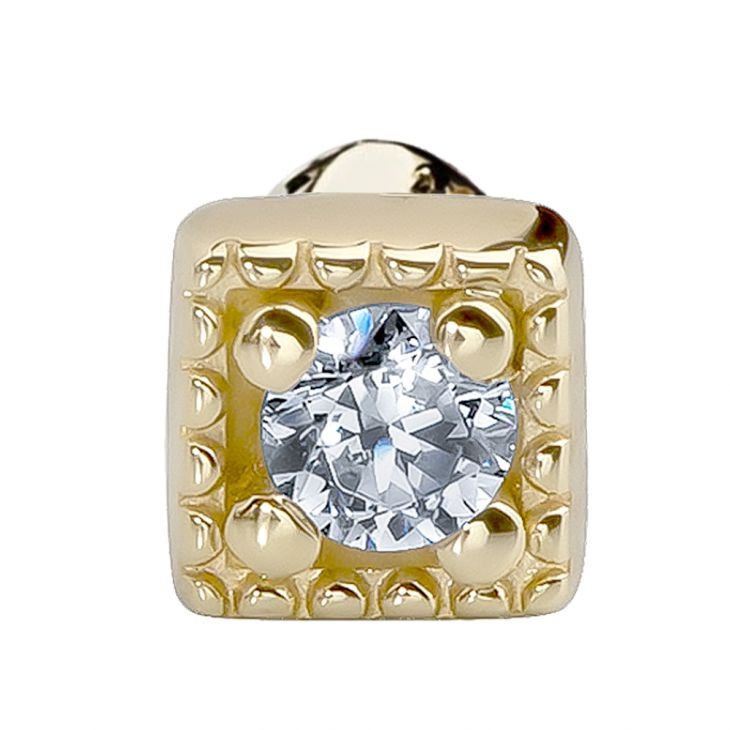 Close-up front view of 14K yellow gold square CZ nose ring highlighting beaded border and CZ sparkle